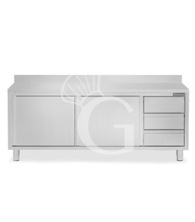 Mesa de acero inoxidable con 2 puertas correderas, 3 cajones en el lado derecho, peto, L 2200 mm x P 800 mm x H 950 mm