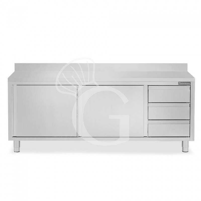 Mesa de acero inoxidable con 2 puertas correderas, 3 cajones en el lado derecho, peto, L 2200 mm x P 800 mm x H 950 mm