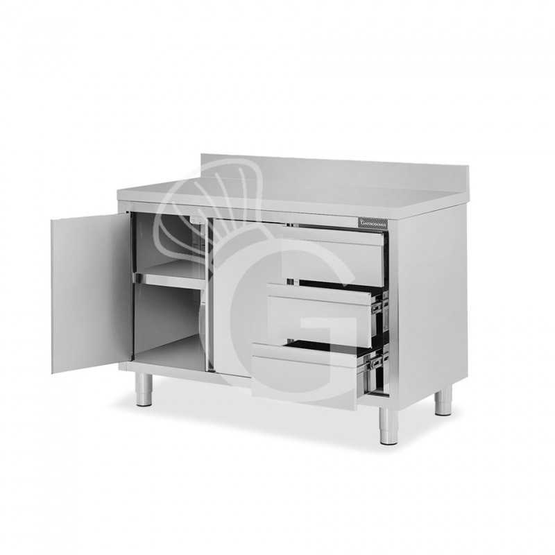 Mesa de acero inoxidable con 2 puertas abatibles, 3 cajones en el lado derecho ,peto L 1300 mm x P 800 mm x H 950 mm