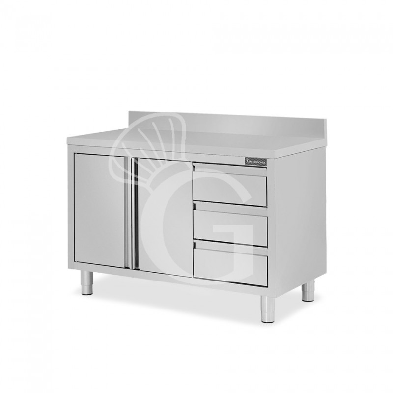 Mesa de acero inoxidable con 2 puertas abatibles, 3 cajones en el lado derecho ,peto L 1300 mm x P 800 mm x H 950 mm