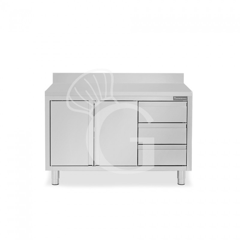 Mesa de acero inoxidable con 2 puertas abatibles, 3 cajones en el lado derecho ,peto L 1300 mm x P 800 mm x H 950 mm