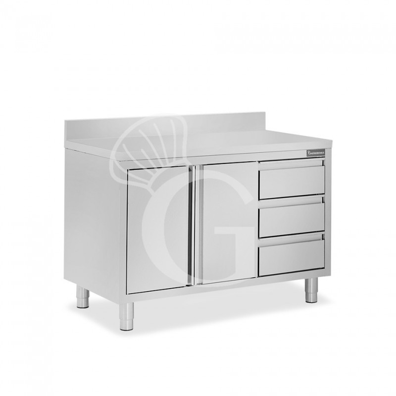 Mesa de acero inoxidable con 2 puertas abatibles, 3 cajones en el lado derecho ,peto L 1300 mm x P 800 mm x H 950 mm