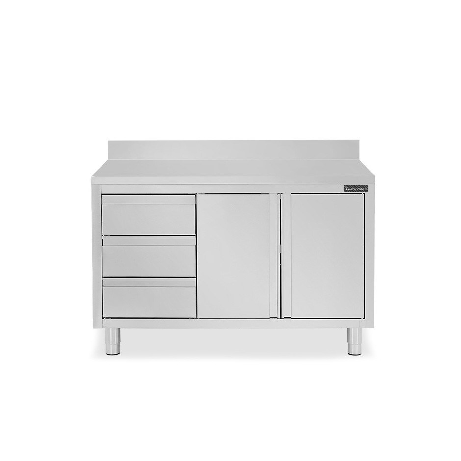 Mesa de acero inoxidable con 2 puertas abatibles, 3 cajones en el lado izquierdo, peto L 1300 mm x  P 800 mm x H 950 mm