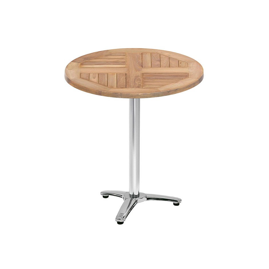 Mesa redonda con tablero de teca y base de aluminio – Ø700×H730 mm