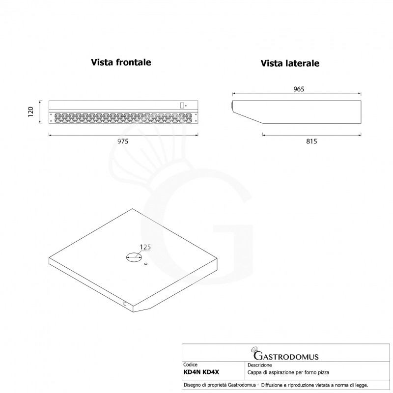 Campana de inox color negro para horno pizza- L 975 mm x P 965 mm x H 120 mm