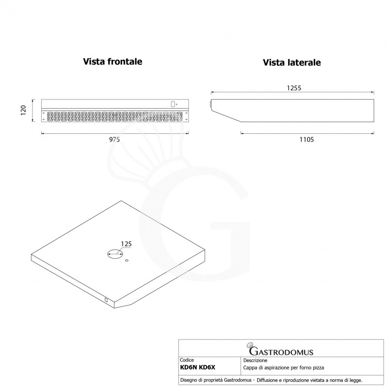 Campana  inox para horno pizza- L 975 mm x P 1255 mm x H 128 mm