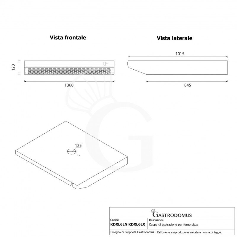 Campana de inox color negro para horno pizza- L 1360 mm x P 1015 mm x H 120 mm