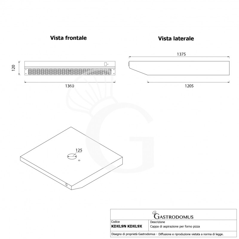 Campana inox color negro para horno pizza- L 1360 mm x P 1375 mm x H 120 mm