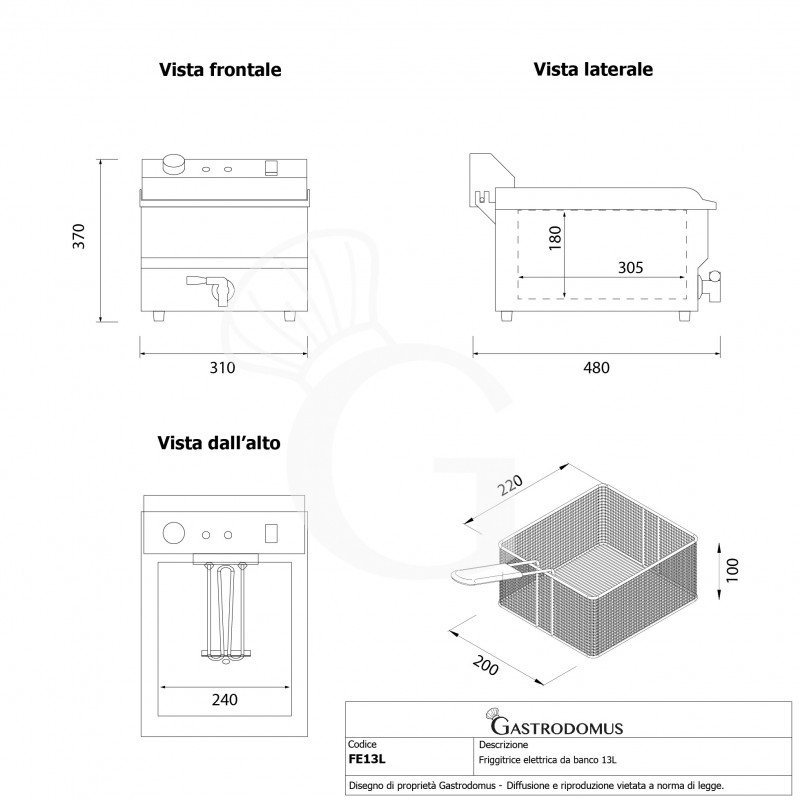 Friggitrice elettrica da banco con rubinetto 1 vasca 13 LT 4000 W Monofase