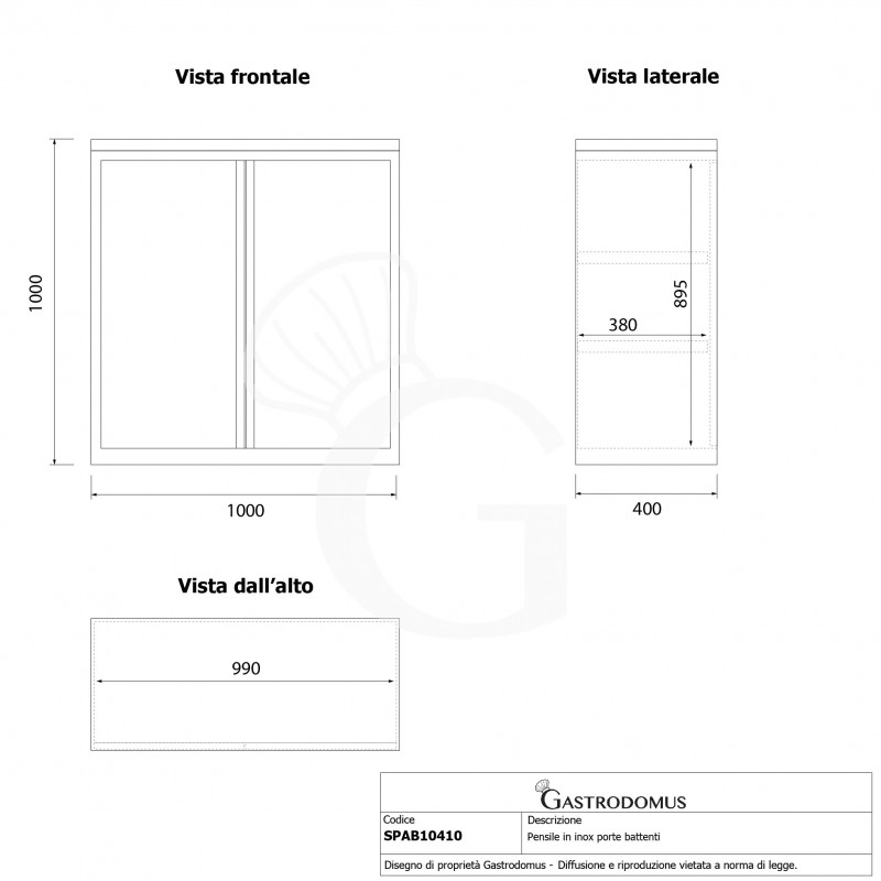 Armario de pared de acero inoxidable con 2 puertas batientes y 2 estantes, L 1000 mm x P 400 mm x A 1000 mm