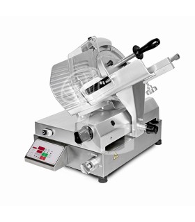 Cortadora de fiambre automática de aluminio por gravedad, diámetro cuchilla 350 mm, afilador fijo, motor 0,5 hp