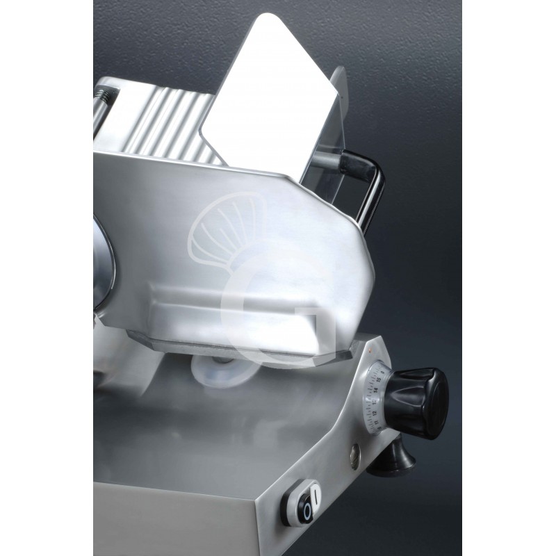 Cortadora de fiambre automática de aluminio por gravedad, diámetro cuchilla 350 mm, afilador fijo, motor 0,5 hp