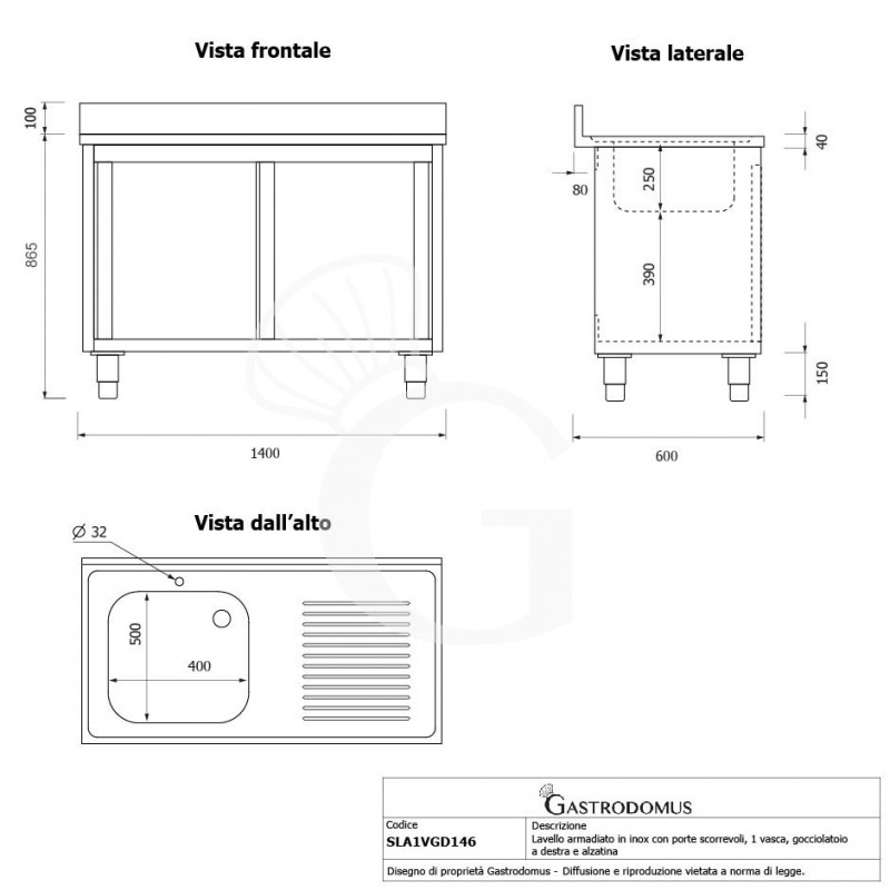 Fregadero con mueble 2 puertas correderas, cubeta, escurridor a la derecha y peto L1400mmxP600mmxA965mm agujero grifo Ø 32mm