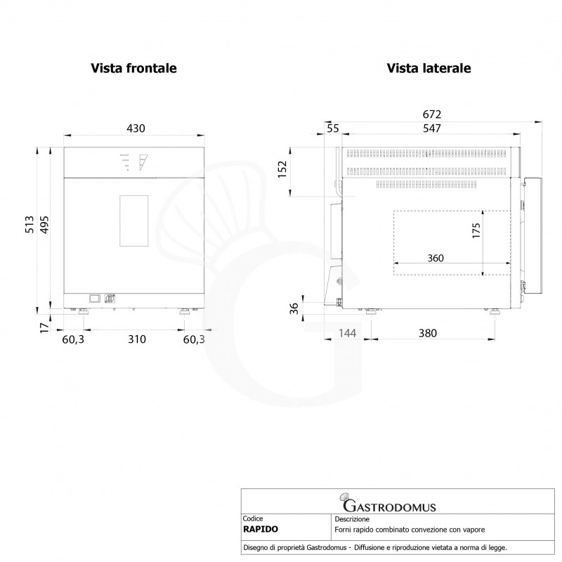 Horno rápido eléctrico de convección combinado con vapor, puerta lateral, controles táctiles, monofásico