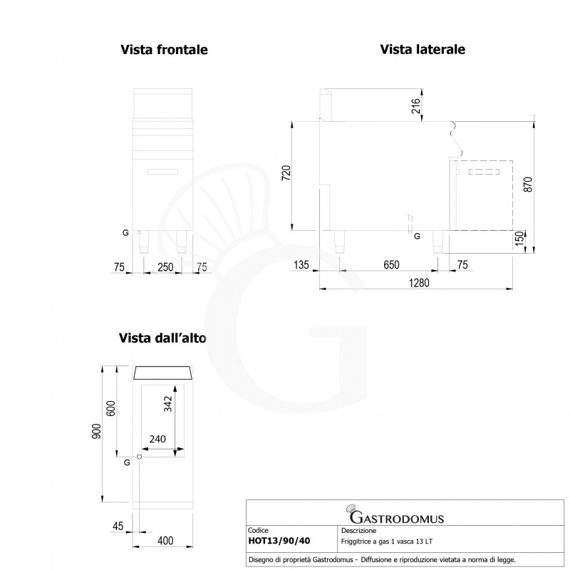 Freidora a gas sobre mueble con 1 cuba 13 LT 12 Kw