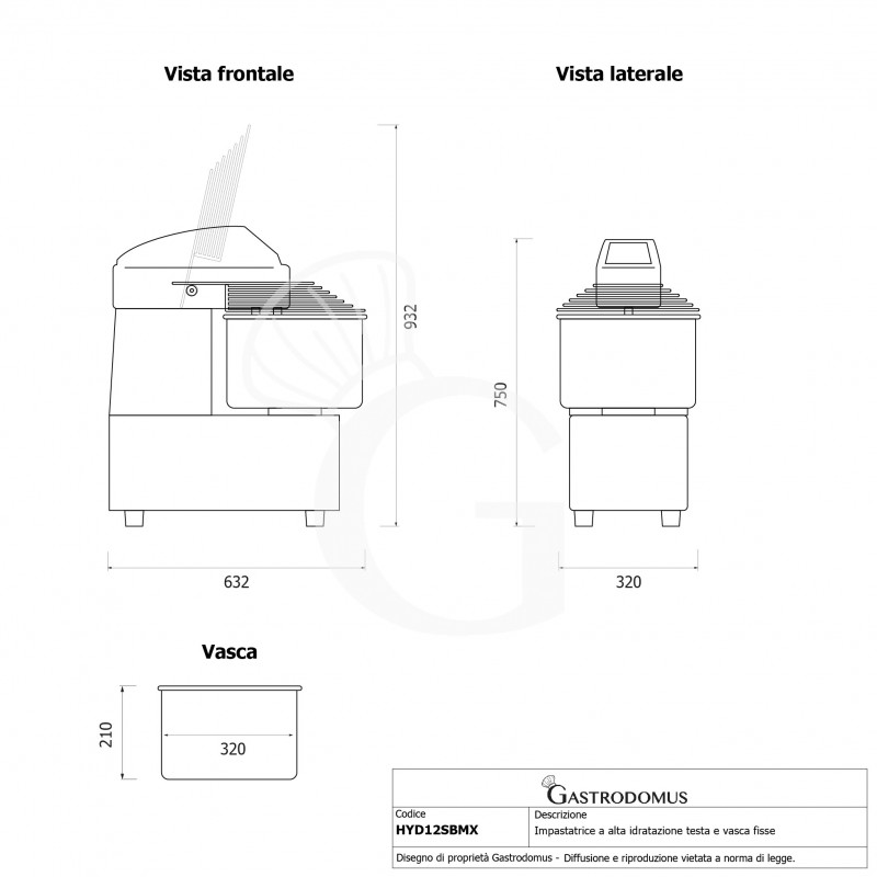 Amasadora de alta hidratación con cabeza y cuba fijas - 16L - Monofásica - Velocidad variable