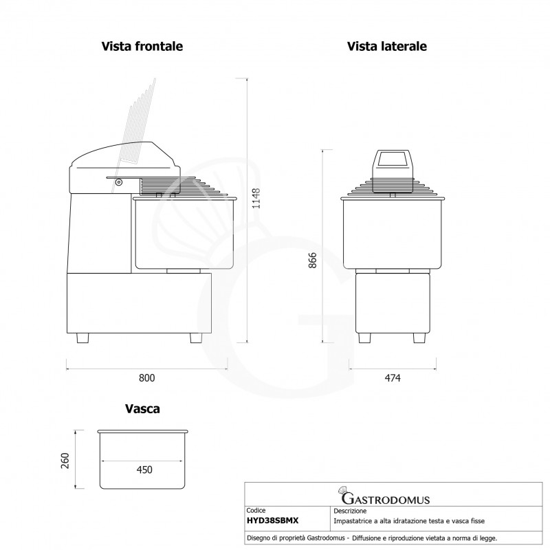 Amasadora de alta hidratación con cabezal y cuba fija - 42L - Monofásica - Velocidad variable