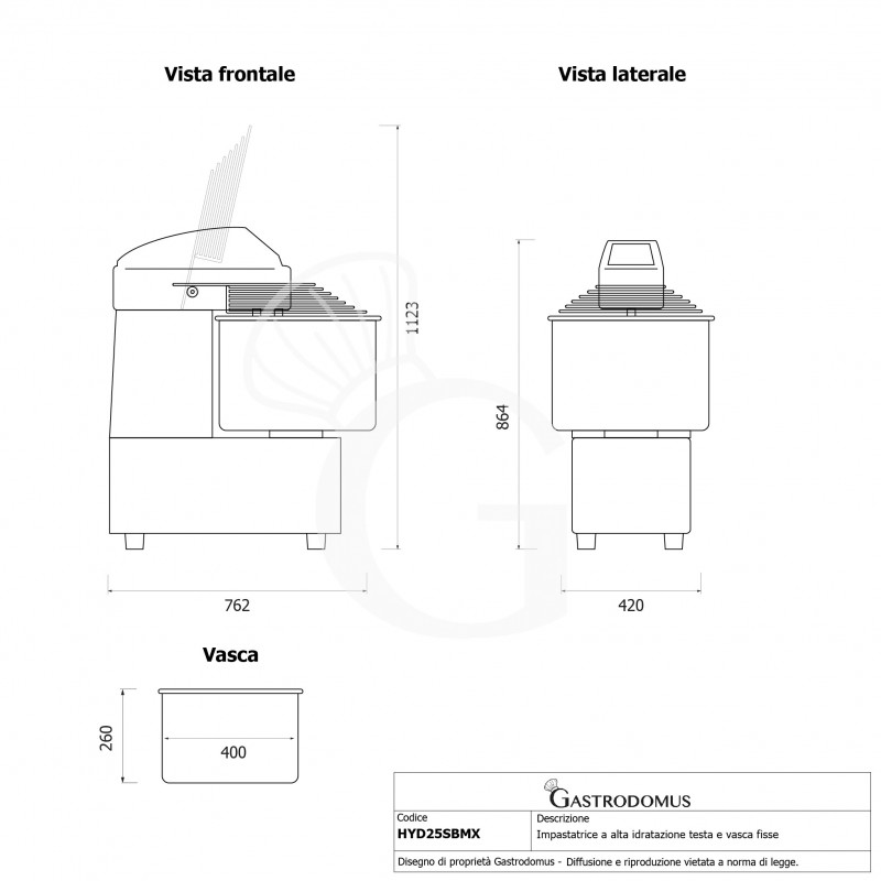 Amasadora de alta hidratación con cabezal y cuba fija - 32L - Monofásica - Velocidad variable