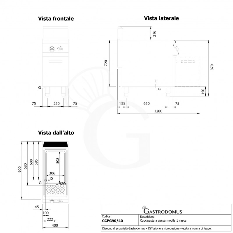 Cocedor de pasta profesional de gas 1 cuba 40 LT L 400 mm x P 900 mm x A 870 mm