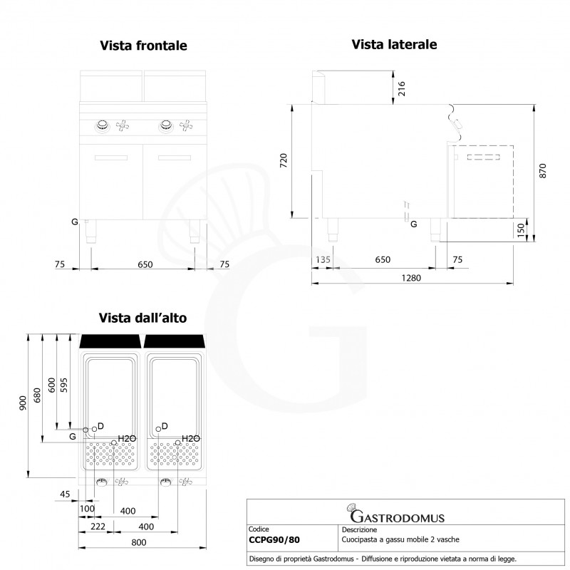 Cocedor de pasta profesional de gas 2 cubas 40 LT+40 LT L 800 mm x P 900 mm x A 870 mm