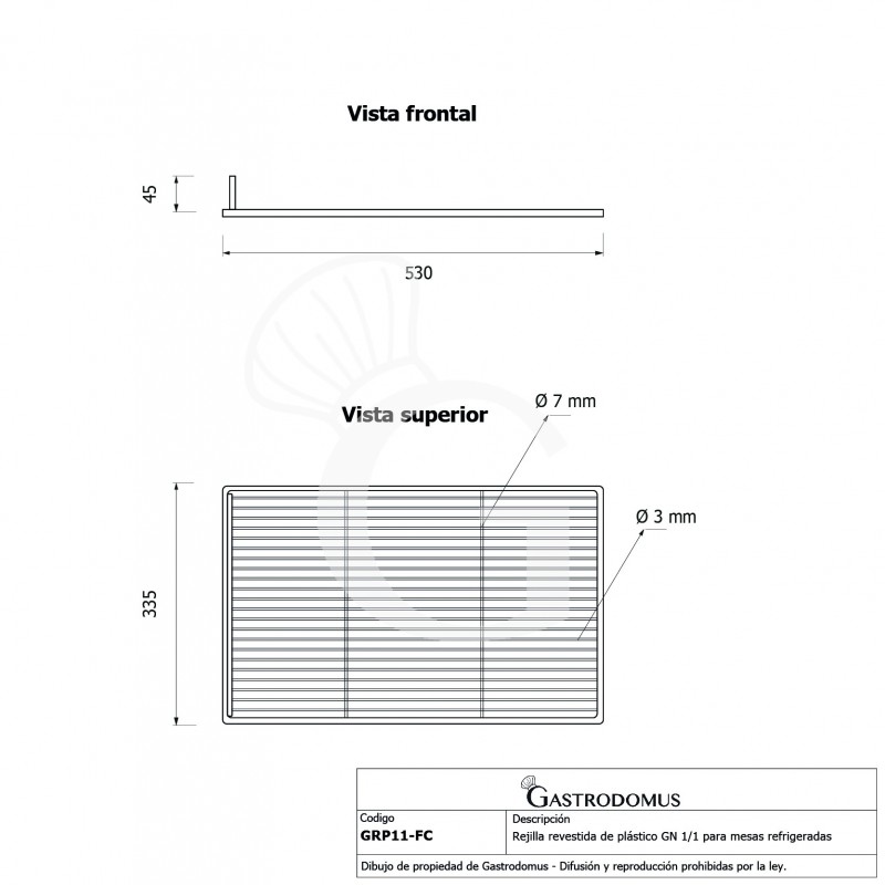 Rejilla plastificada GN 1/1 530 mm x 335 mm para mesas refrigeradas