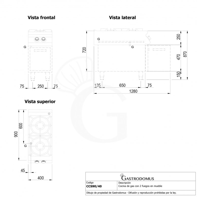 Cocina de gas profesional 2 fuegos con mueble abierto profundidad 900 mm