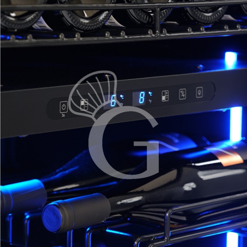 Vinoteca ventilada doble temperatura puerta de acero inoxidable 150 L 4 estantes 34 botellas – +5°C / +12°C y +12°C / +22°C
