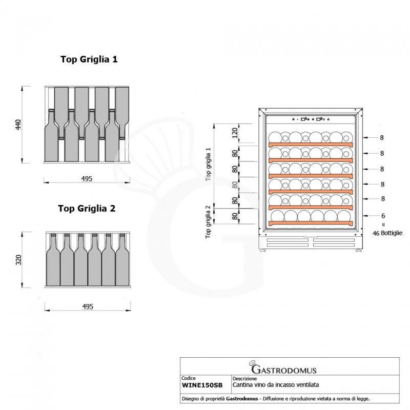 Vinoteca ventilada con puerta de acero inoxidable, 150 litros, 6 estantes, capacidad para 46 botellas, +5 °C / +22 °C