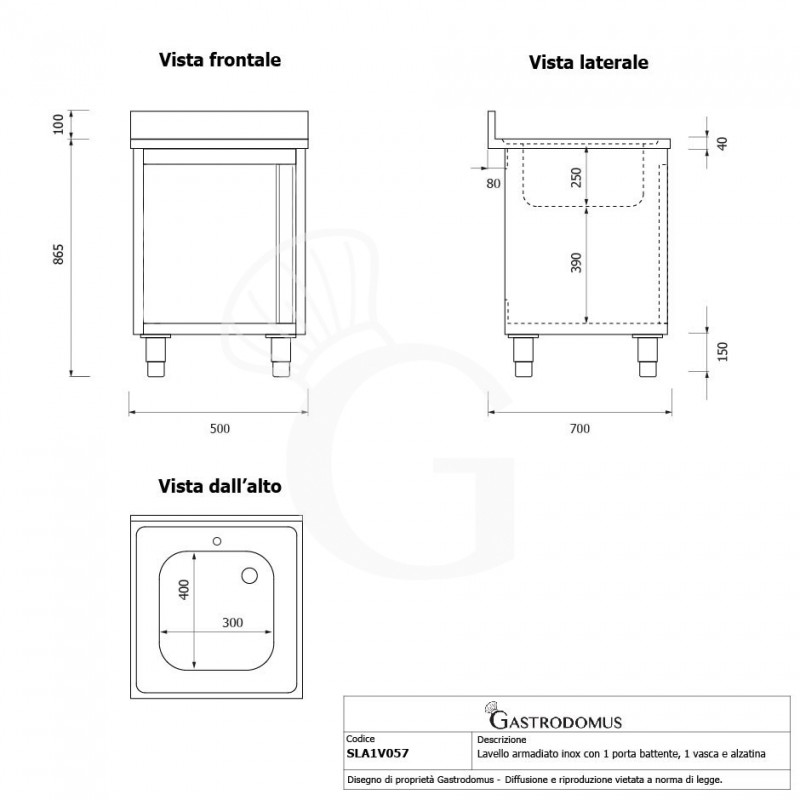 Fregadero con mueble inox con 1 puerta batiente, 1 cubeta, peto L500mmxP700mmxA965mm con agujero para el grifo de Ø 32 mm