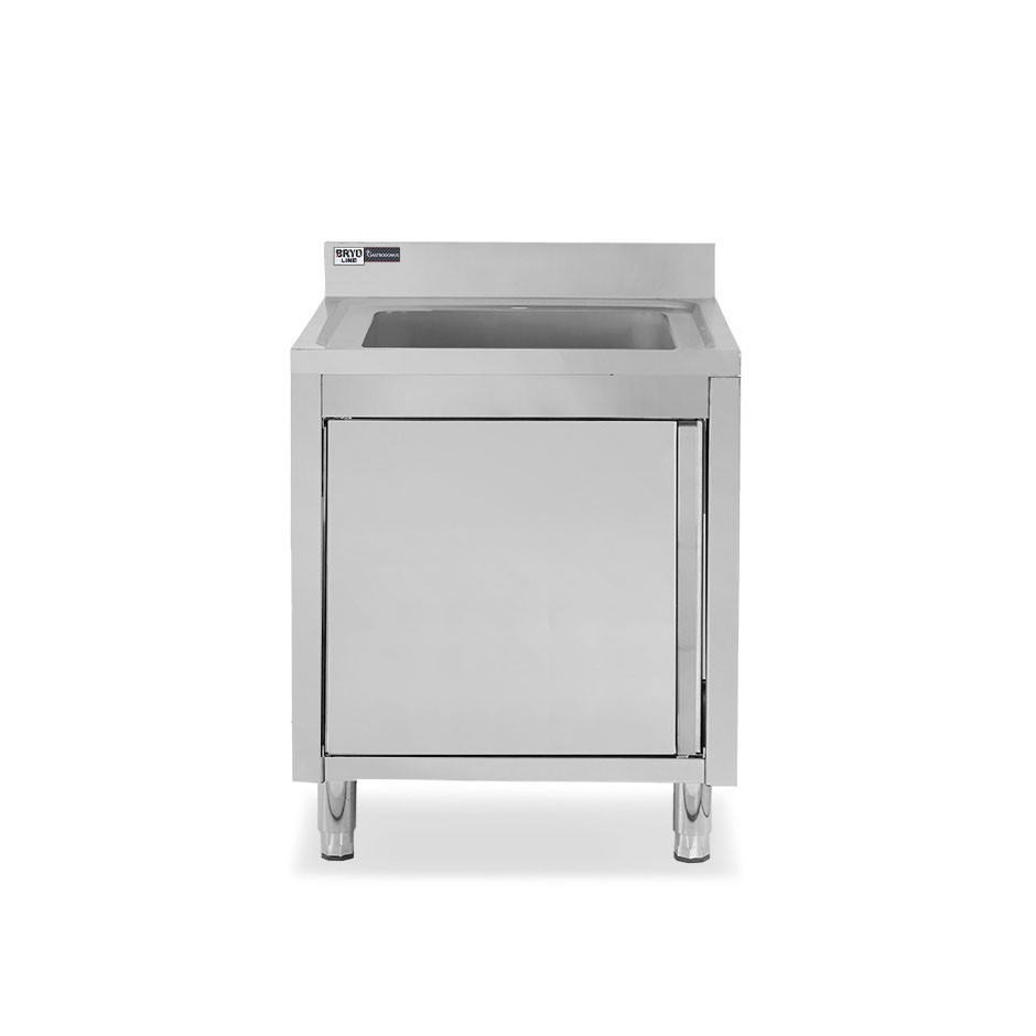 Fregadero con mueble inox con 1 puerta batiente, 1 cubeta, peto L600mmxP600mmxA965mm con agujero para el grifo de Ø 32 mm