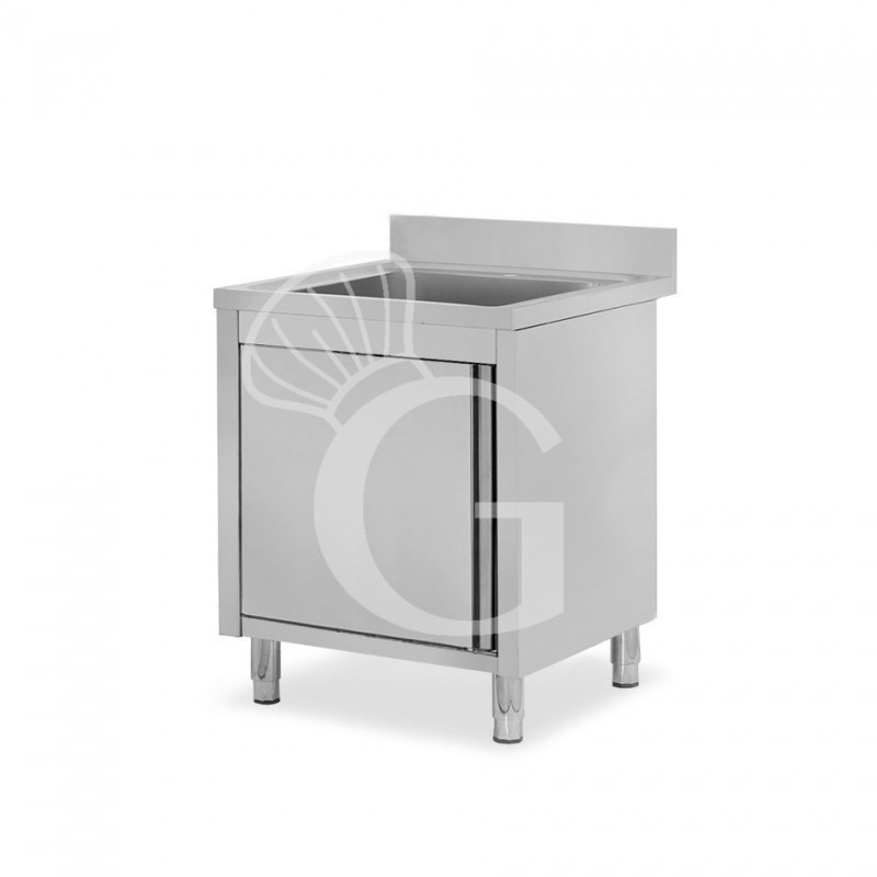 Fregadero con mueble inox con 1 puerta batiente, 1 cubeta, peto L600mmxP600mmxA965mm con agujero para el grifo de Ø 32 mm
