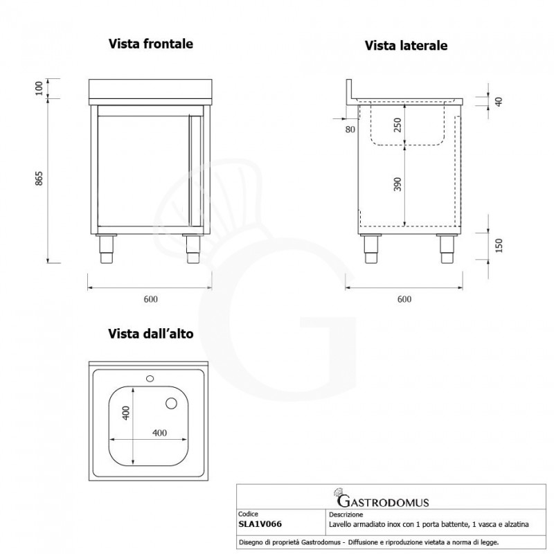 Fregadero con mueble inox con 1 puerta batiente, 1 cubeta, peto L600mmxP600mmxA965mm con agujero para el grifo de Ø 32 mm
