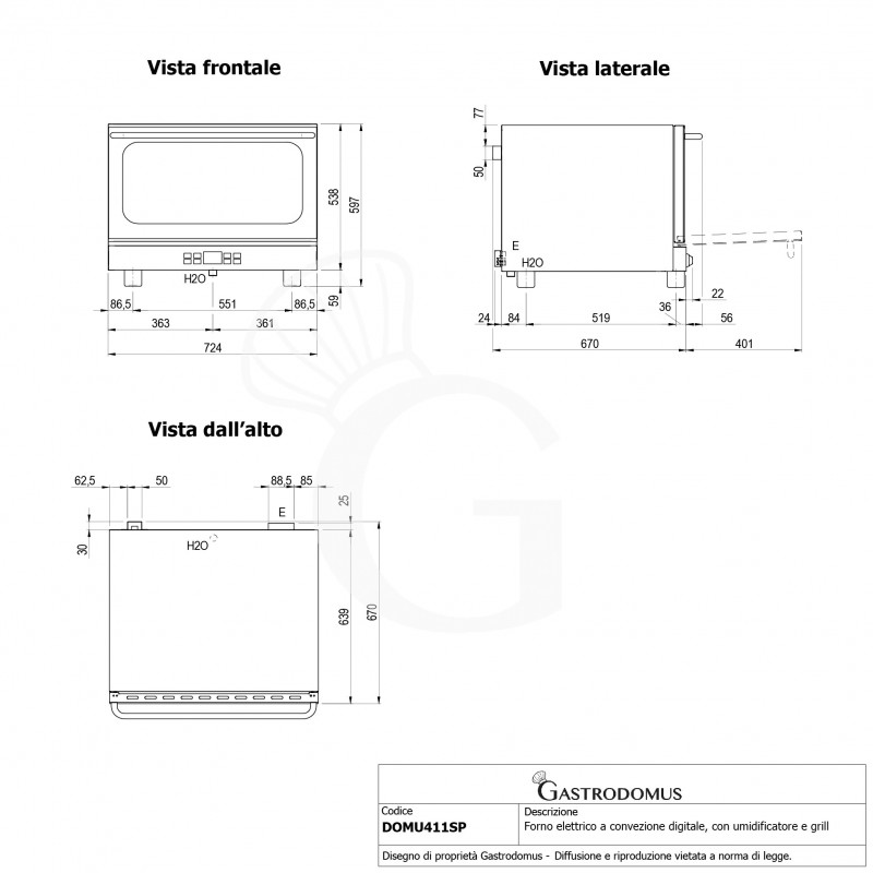 Horno eléctrico de convección para cruasanes, humidificador y grill, controles electrónicos, 4 bandejas GN 1/1 530x325 mm