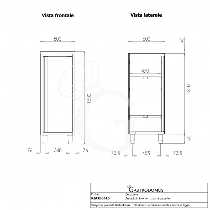 Armario de acero inoxidable con 1 puerta batiente, 2 estantes, L 500 mm x P 600 mm x A 1500 mm