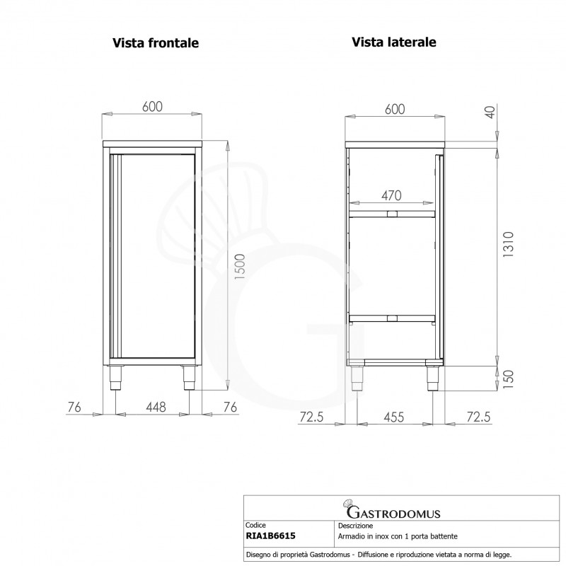 Armario de acero inoxidable con 1 puerta batiente, 2 estantes, L 600 mm x P 600 mm x A 1500 mm