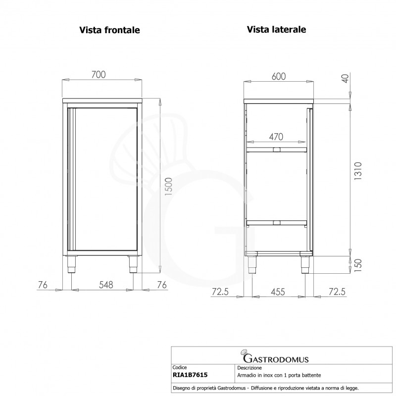 Armario de acero inoxidable con 1 puerta batiente, 2 estantes, L 700 mm x P 600 mm x A 1500 mm