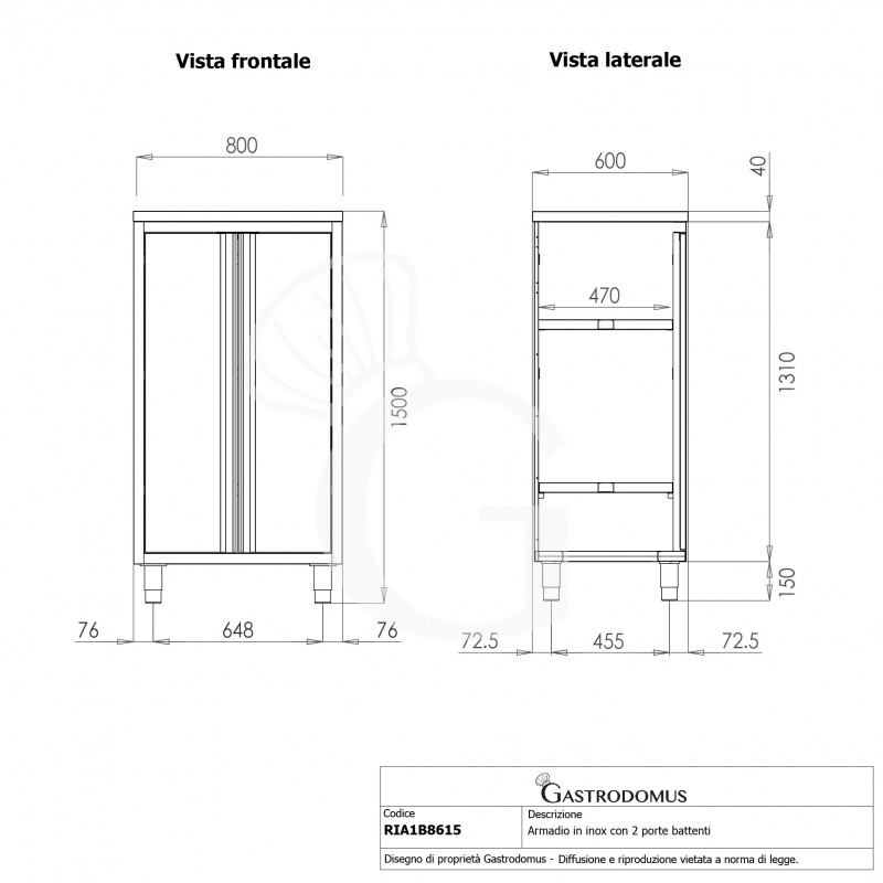Armario de acero inoxidable con 2 puertas batientes, 2 estantes, L 800 mm x P 600 mm x A 1500 mm