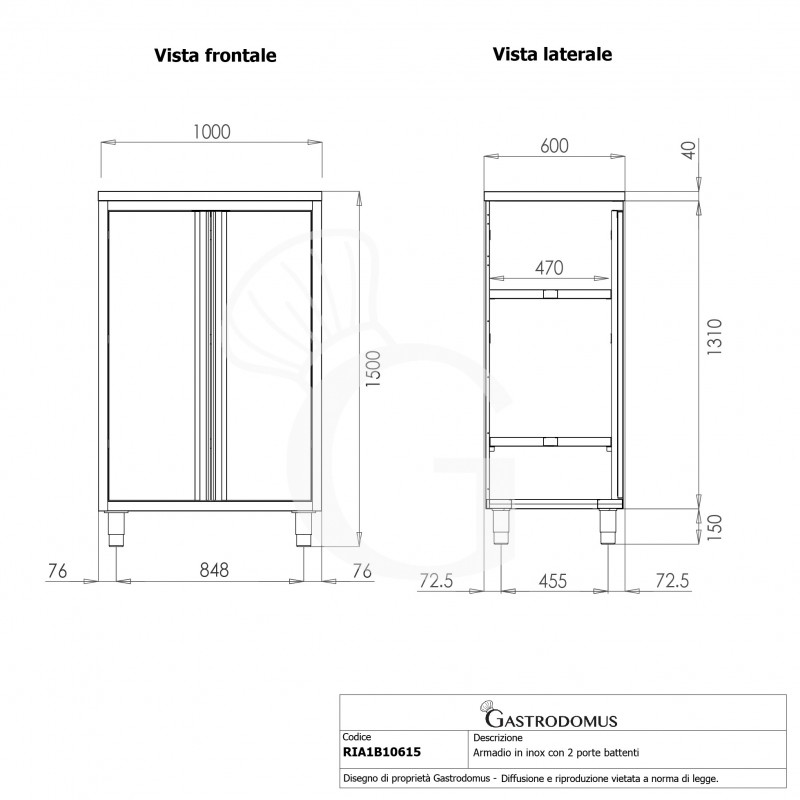 Armario de acero inoxidable con 2 puertas batientes, 2 estantes, L 1000 x P 600 x A 1500 mm