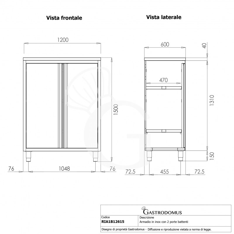 Armario de acero inoxidable con 2 puertas batientes, 2 estantes, L 1200 mm x P 600 mm x A 1500 mm