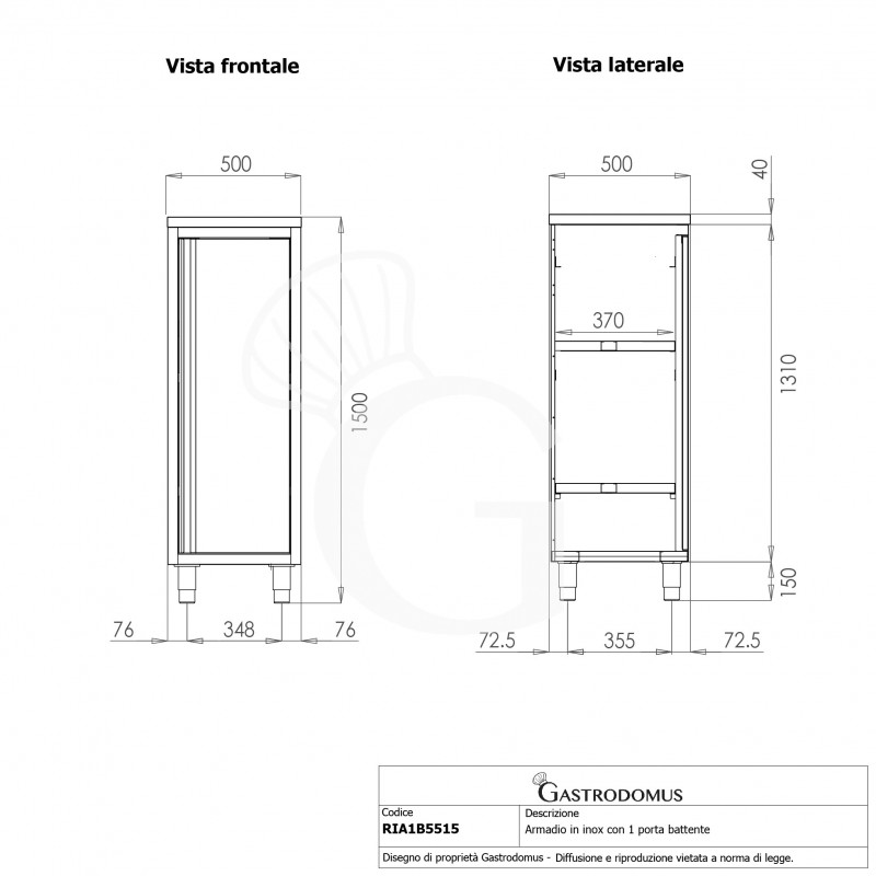 Armario de acero inoxidable con 1 puerta batiente, 2 estantes, L 500 mm x P 500 mm x A 1500 mm