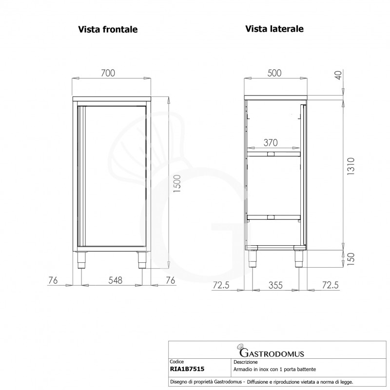 Armario de acero inoxidable con 1 puerta batiente, 2 estantes, L 700 mm x P 500 mm x A 1500 mm