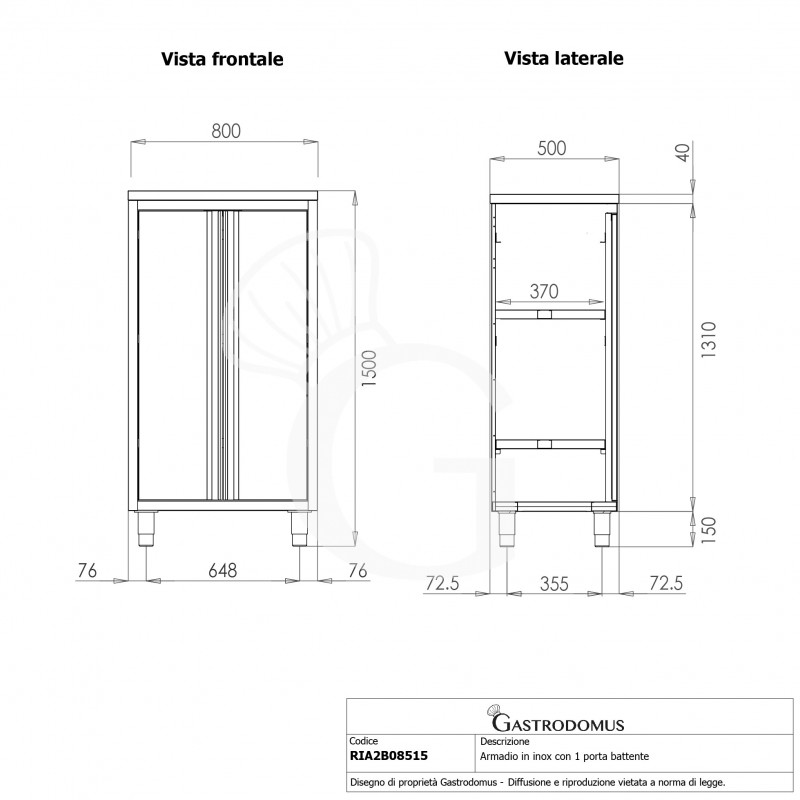 Armario de acero inoxidable con 2 puertas batientes, 2 estantes, L 800 mm x P 500 mm x A 1500 mm