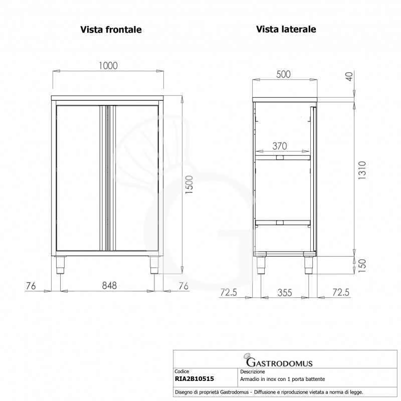 Armario de acero inoxidable con 2 puertas batientes, 2 estantes, L 1000 mm x P 500 mm x A 1500 mm