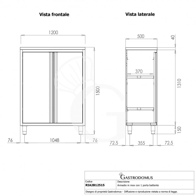 Armario de acero inoxidable con 2 puertas batientes, 2 estantes, L 1200 mm x P 500 mm x A 1500 mm