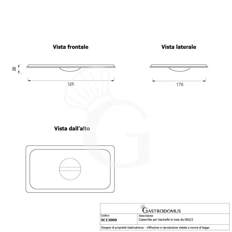 Tapa de acero inoxidable GN1/3 - L 325 x P 176 mm