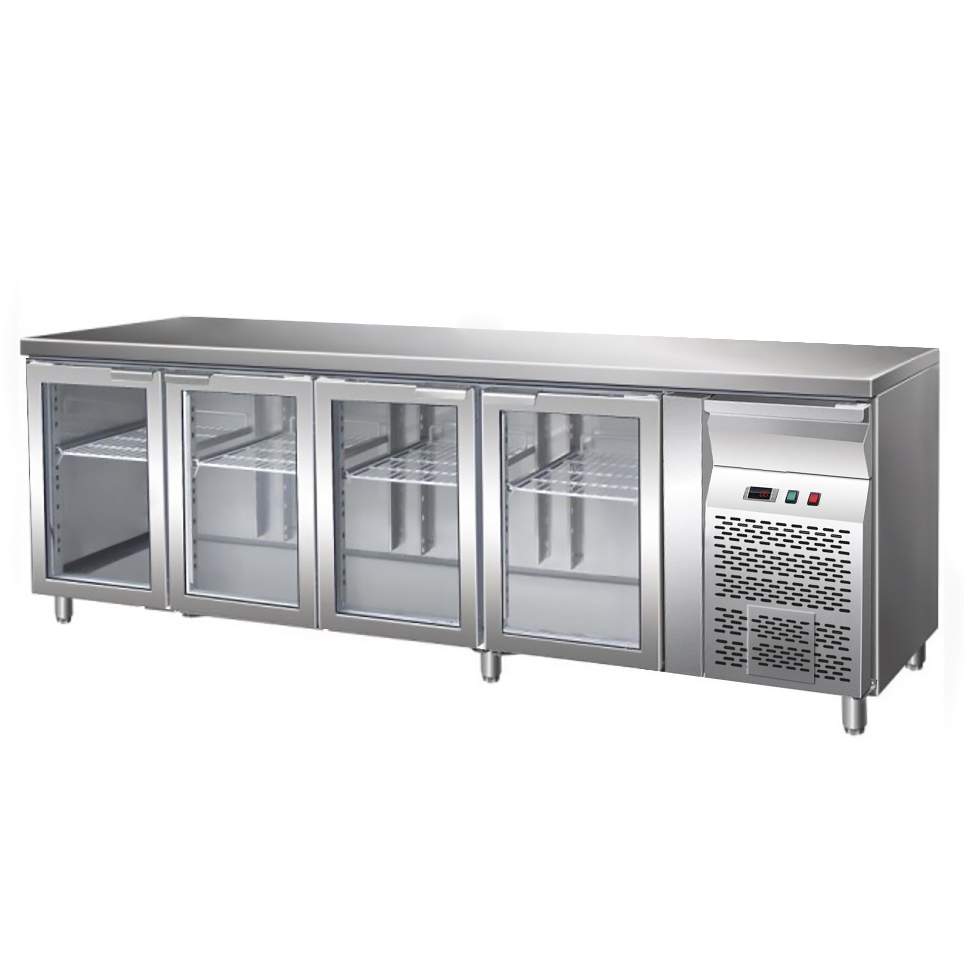 Mesa Refrigerada ventilada, 700 mm de profundidad 4 Puertas de vidrio, temperatura +2°C/+8°C