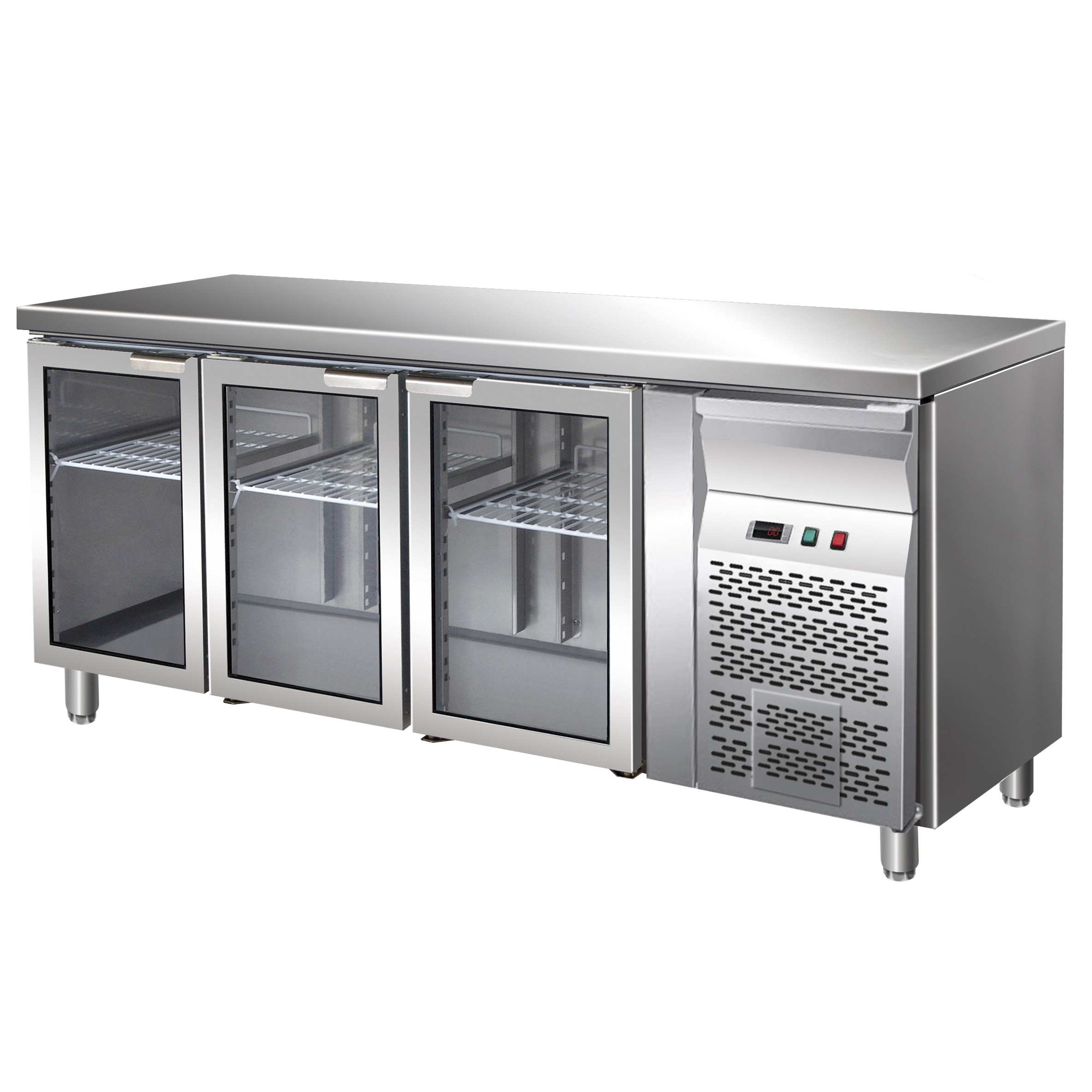 Mesa Refrigerada ventilada, 700 mm de profundidad 3 Puertas de vidrio, temperatura +2°C/+8°C