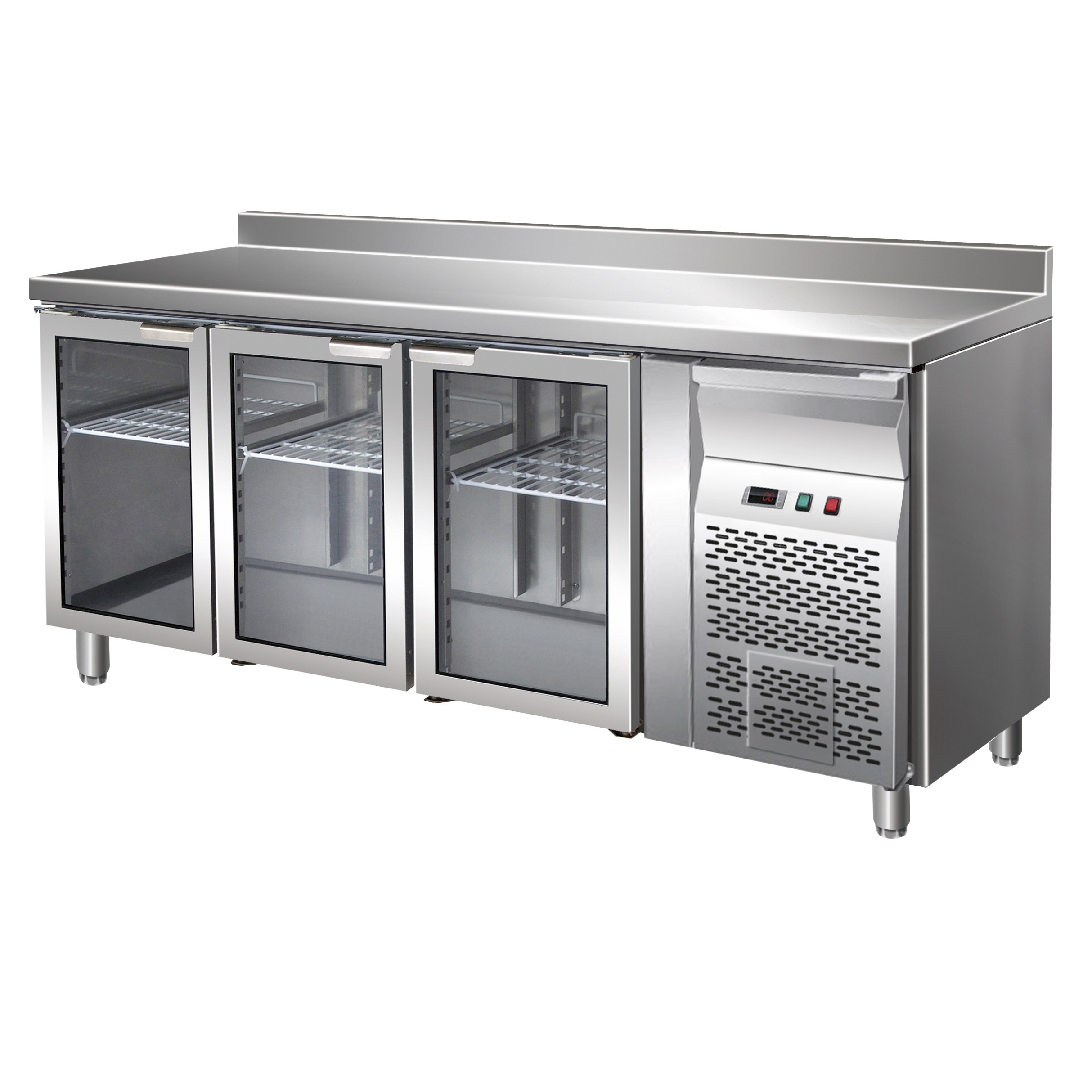 Mesa Refrigerada ventilada, 700 mm de profundidad 3 Puertas de vidrio y Peto, Temperatura +2°C/+8°C
