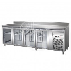 Mesa Refrigerada ventilada, 700 mm de profundidad 4 Puertas de vidrio y Peto, temperatura +2°C/+8°C