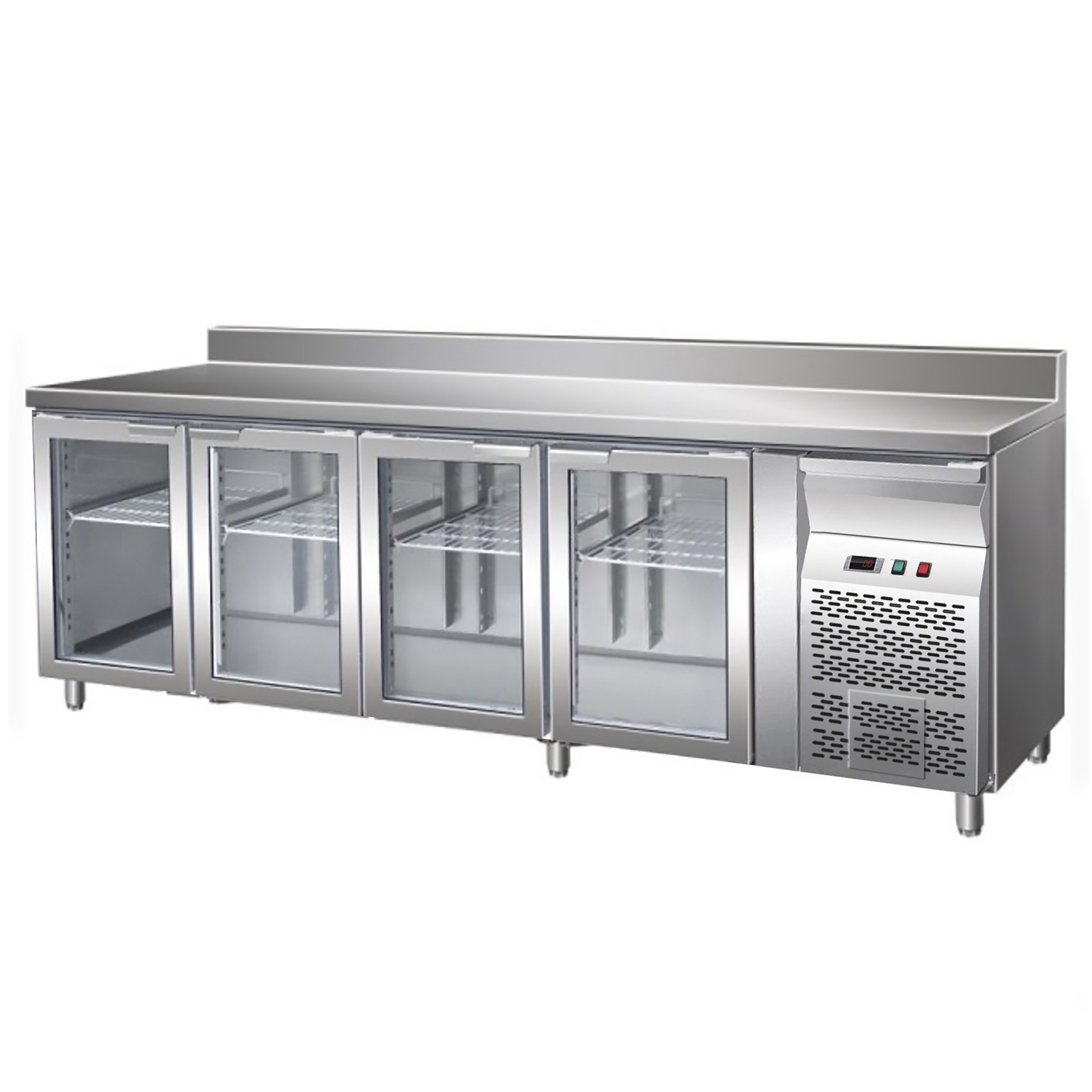 Mesa Refrigerada ventilada, 700 mm de profundidad 4 Puertas de vidrio y Peto, temperatura +2°C/+8°C